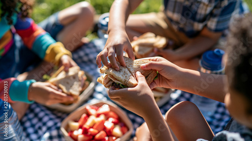 Diverse children sharing a picnic lunch outdoors in a clean park setting close overhead view confined to small hands and a checkered picnic cloth with sandwiches and sliced fruit