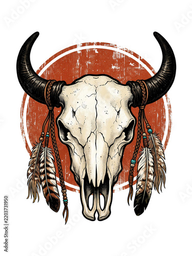Bison skull illustration featuring ethnic feathers and western style circular grunge elements on transparent background