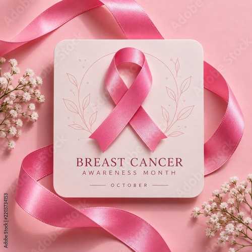 Pink ribbon symbolizing Breast Cancer Awareness Month during October with delicate floral elements and soft lighting