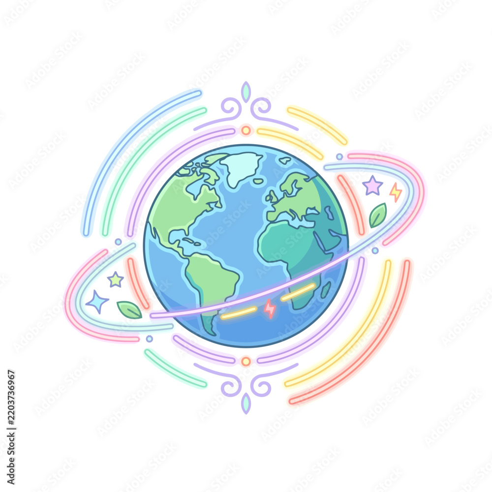 Obraz premium A whimsical digital illustration of planet Earth surrounded by glowing neon rainbow orbits, stars, and green leaves. This creative design emphasizes global connection, environmental sustainability