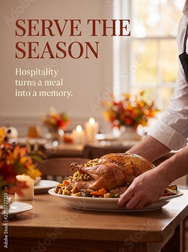 Thanksgiving Roasted turkey served on a dinner platter at a table with autumn decorations with vegetables wooden table
