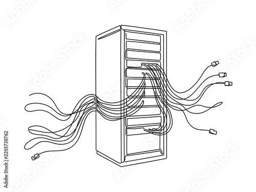 Continuous line drawing of a data center server rack with cables