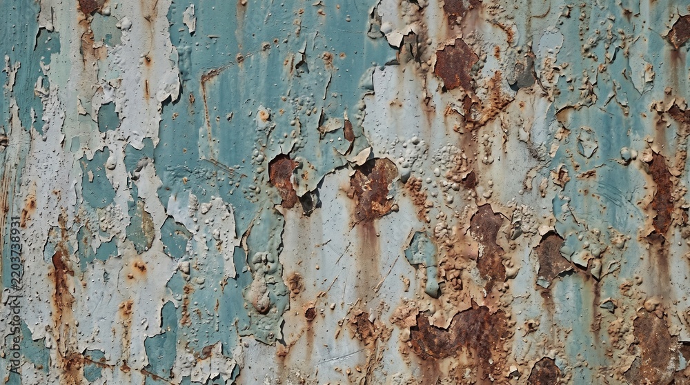© StocksByShahat - Weathered painted metal texture with peeling layers and oxidation marks © StocksByShahat - Weathered painted metal texture with peeling layers and oxidation marks