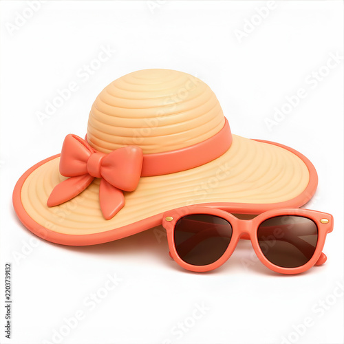 Beach Hat + Sunglasses 3d rendering isolated on white background plastic style icon