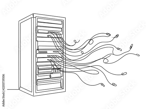 Continuous line drawing of a server rack with network cables