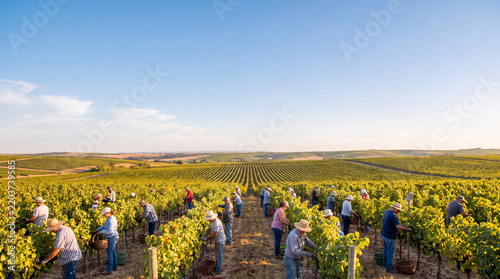 Seasonal farm workers harvest wine grapes by hand across vineyard rows. Grape picking jobs, agricultural recruitment and viticulture labor.