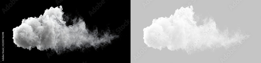 Fototapeta premium Billowing white cloud with wispy mist isolated on transparent and black background. Realistic fluffy smoke puff effect for visual effects and sky replacement
