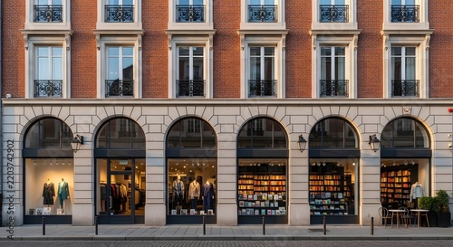 Charming european storefronts featuring apparel boutique and bookstore with arched windows and red brick facade