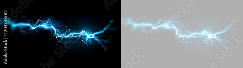 Obraz na plátně Horizontal blue lightning beam with glowing electrical sparks