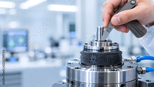 Technician using feeler gauge to measure clearance on precision component in laboratory.