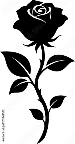 Black silhouette of a rose flower with leaves and thorns, isolated vector graphic icon for design