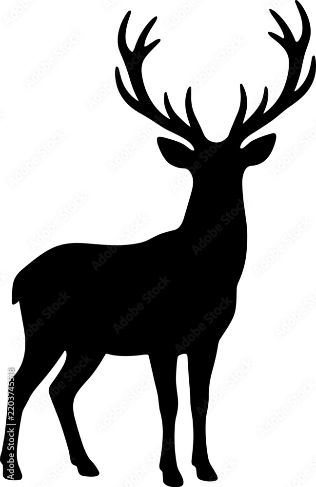 Fototapeta premium Deer silhouette vector illustration featuring a majestic stag with large antlers in a solid black graphic profile design