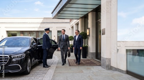 Black Mercedes-Benz parked outside a luxury modern hotel entrance VIP transfer