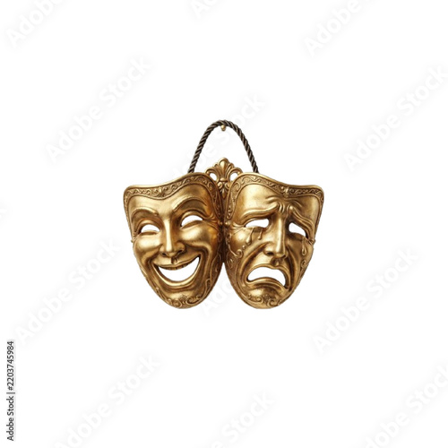 Golden theatrical masks representing comedy and tragedy hang against a white background dramatic performance stagecraft bronze metallic ornament decoration art culture symbol representation expression