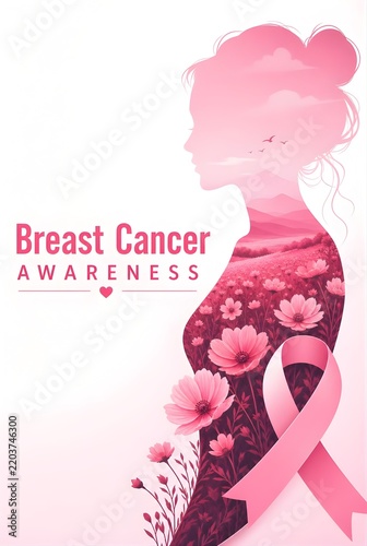 Pink breast cancer awareness illustration with female profile silhouette double exposure of flowers landscape and symbolic ribbon.