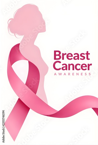 Breast Cancer Awareness Month Graphic Design with Pink Ribbon and Woman Silhouette Profile for Medical Health Care Campaign