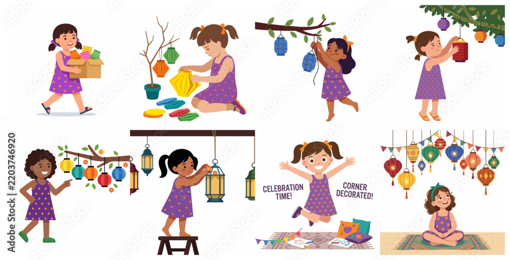 Fototapeta premium Set of flat vector illustrations of diverse little girls decorating with colorful lanterns for festive celebrations like Mid-Autumn Festival or Lunar New Year, isolated on white background.