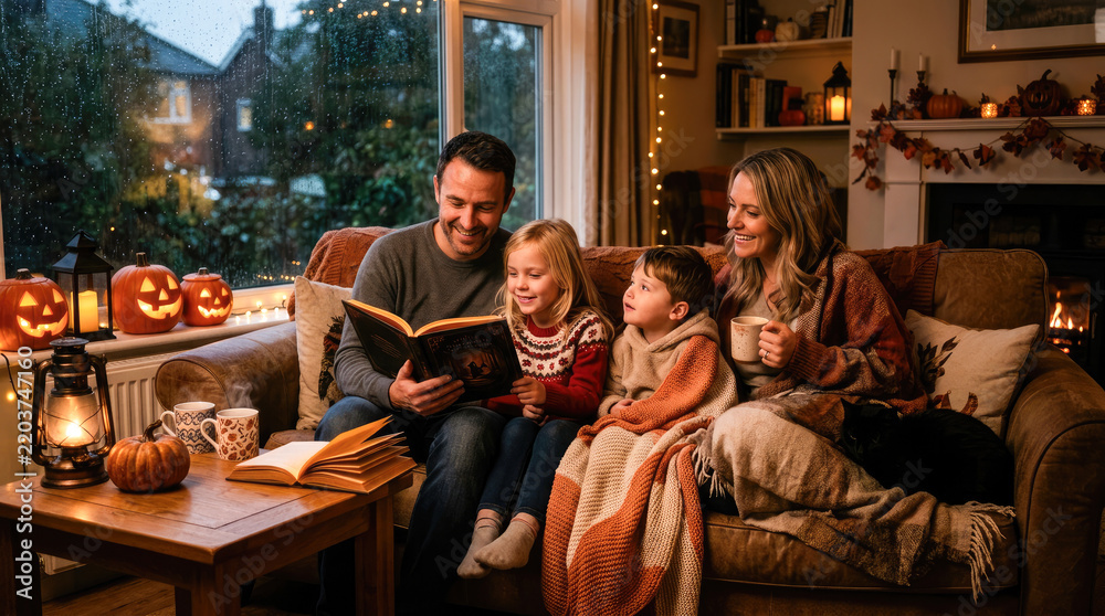 Obraz premium Cozy family Halloween evening, storytelling, autumn ambiance, pumpkin decor, warm lantern glow, peaceful atmosphere, cinematic lighting, indoor bonding, rainy night, seasonal celebration