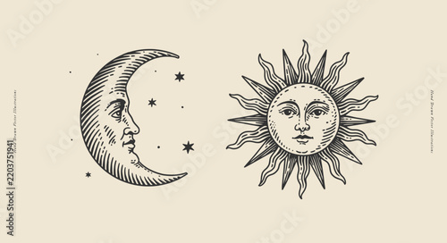 Crescent moon and radiant sun with human faces surrounded by stars. Hand-drawn vintage engraving illustration for astrology, celestial themes, posters, prints, branding, and packaging.