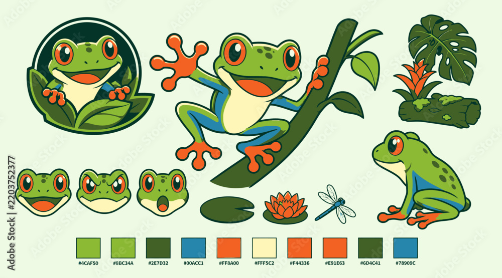 Fototapeta premium Tree frog mascot character design asset collection