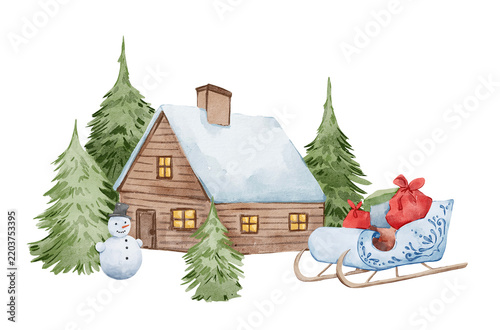 Watercolor Christmas landscape with the house