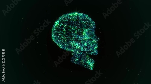 Glowing Skull Made of Green and Blue Particles and Wireframe, 4K Seamless Loop