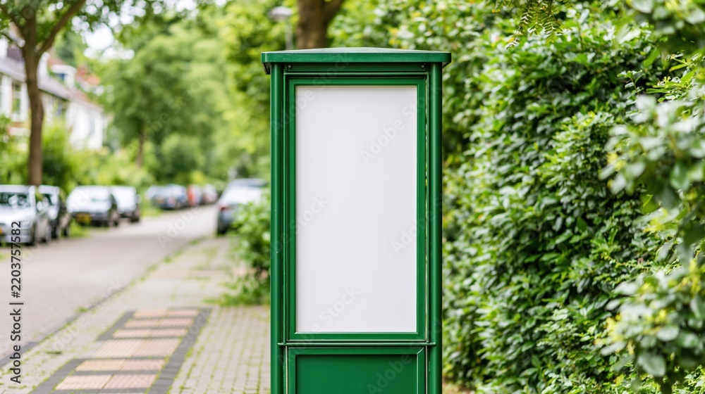 Fototapeta premium Green advertising column standing on quiet suburban street