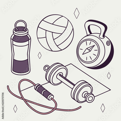 Dumbbell sits next to a water bottle, a volleyball, and a compass on a neutral surface.