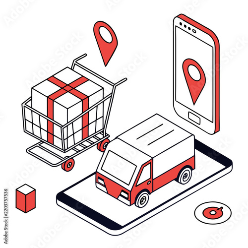 Delivery truck and shopping cart track consumer package transit via mobile application.