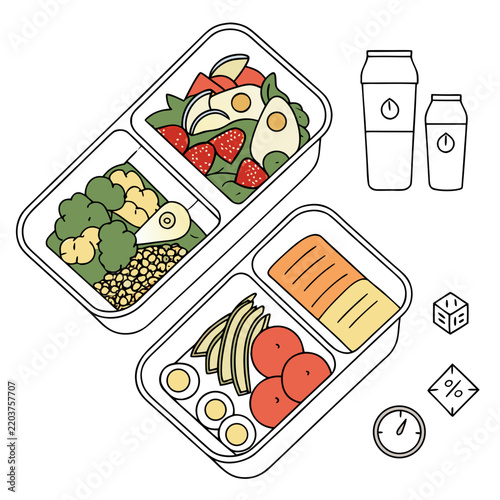 Food containers display nutritious ingredients alongside digital measurement icons for health.