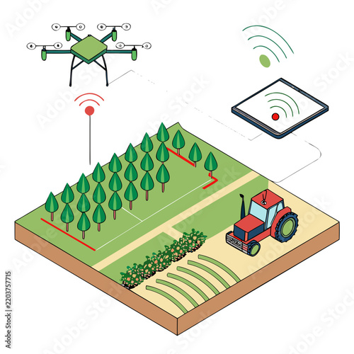 Drone monitors agricultural crops while a tractor operates in the green field.