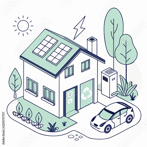 House features solar panels and an electric vehicle charger for sustainable living.