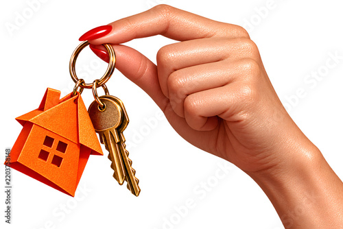 Manicured female hand holding an object isolated on white background with elegant red nails and modern beauty styling.