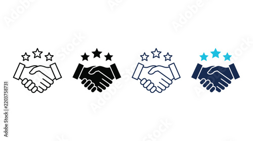 Professional handshake icons representing successful business partnerships with five star quality rating in clean vector style