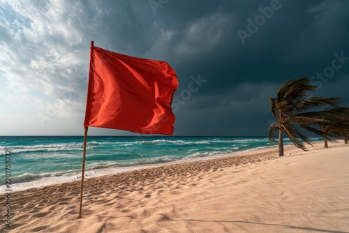Storm warning along the Caribbean shore: red flag and churning sea