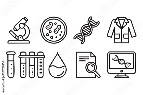 Scientific Research and Laboratory Outline Icon Set with Microscope, DNA, Petri Dish, Test Tubes and Biotechnology Symbols