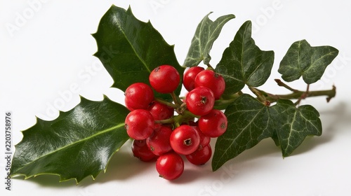 Studio photograph of holly and ivy sprig, vivid greens and red berries