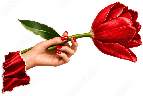 Manicured female hand holding an object isolated on white background with elegant red nails and modern beauty styling.