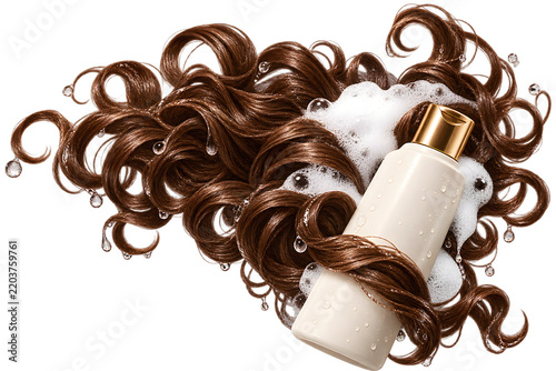 Creative hair styling and hair care composition isolated on white background with glossy hair, beauty tools and cosmetic styling elements.