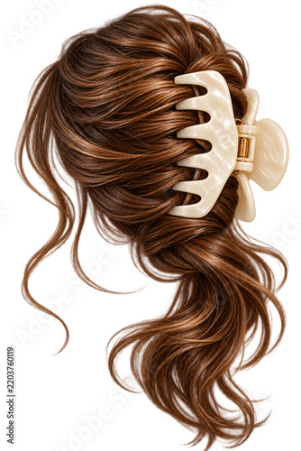 Creative hair styling and hair care composition isolated on white background with glossy hair, beauty tools and cosmetic styling elements.