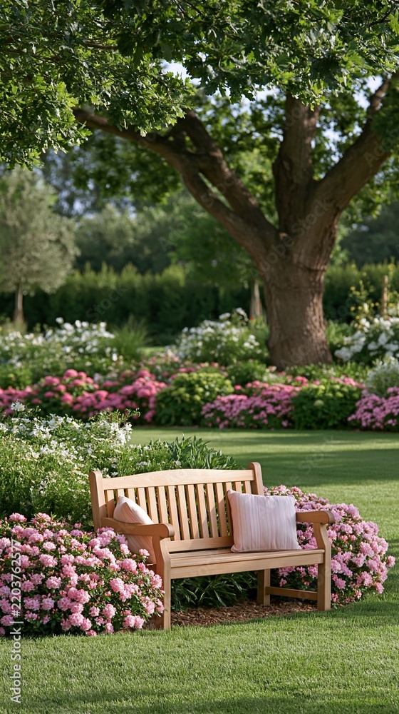 Obraz premium Wooden bench with cushions under tree in garden