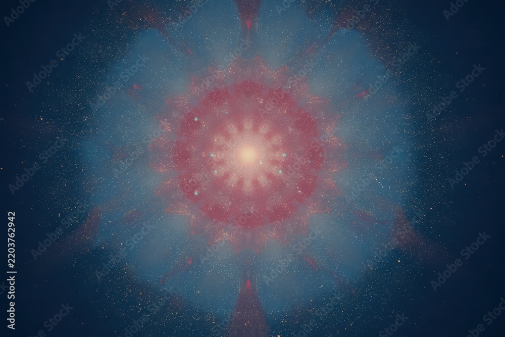 Fototapeta premium Sacred geometric form surrounded by auras in a night sky setting with stars and energy patterns