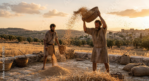 The Threshing Floor at Harvest Time, Ancient Biblical Scene of Grain Harvesting and Agriculture
