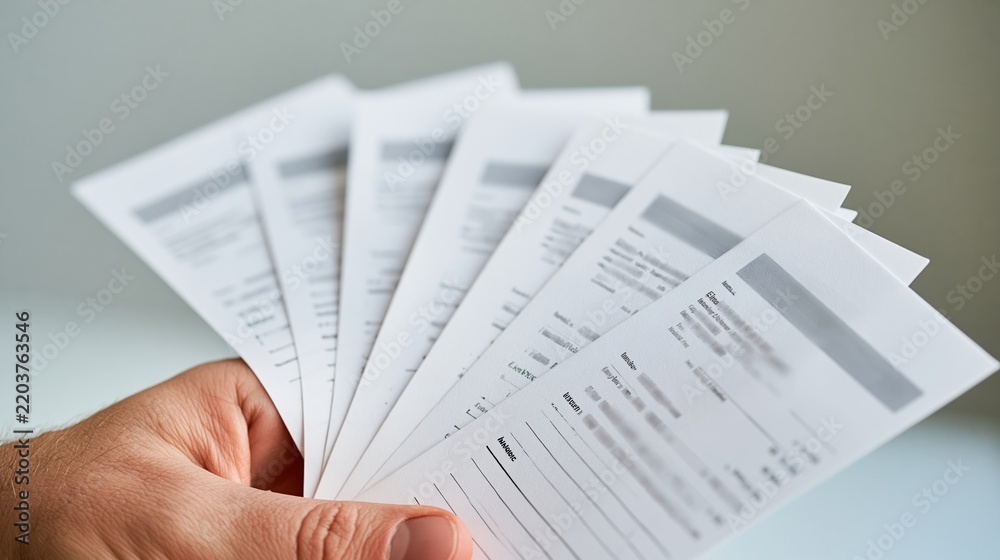 Fototapeta premium Hand holding fan of white paper documents