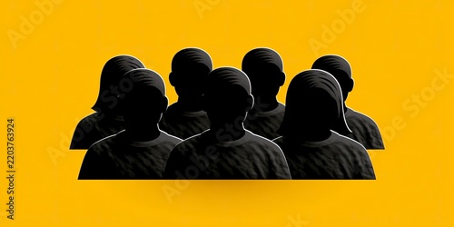Group of silhouetted people against bright yellow background.