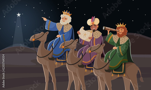 Three wise men with camels following the star of Bethlehem