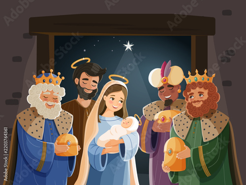 Three wise men adoring baby Jesus in Nativity scene