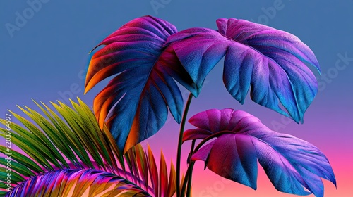 Vibrant Tropical Colorful Palm Leaves Sunset Sky.