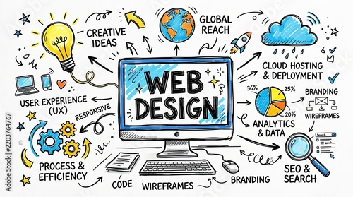 Creative Web Design Concept with Digital Elements and Icons.