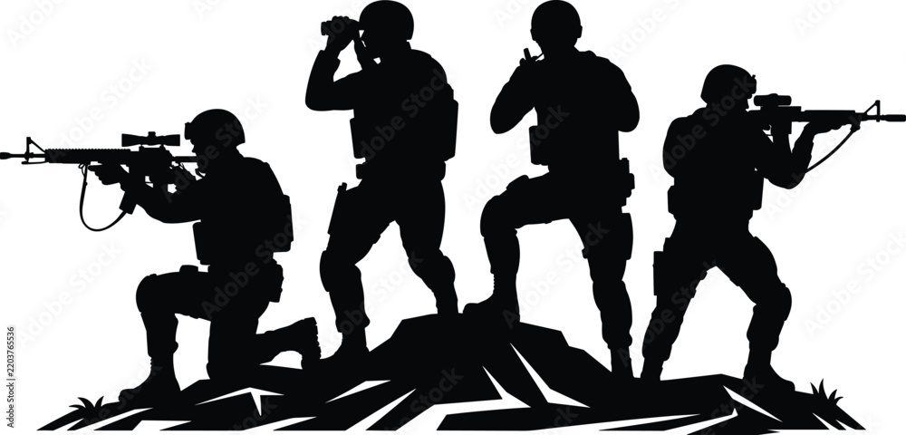Obraz premium Silhouette of four soldiers on rocky terrain with weapons and binoculars
